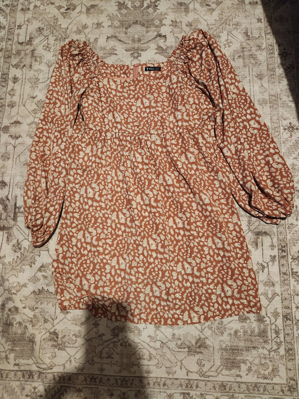 Very J Rust and Cream Floral Smock Dress with Puff Sleeves